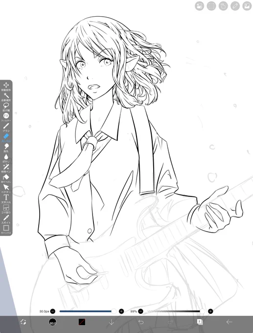 制作途中『ガールズバンドエルフさん』
ツー事で(?)さっきまで描いてた絵はちょっとお休み。
ガールズバンドエルフ再開。髪の毛で動き表せないかと挑戦中。

#絵描きさんと繋がりたい #絵描きさんフォロバ100 
