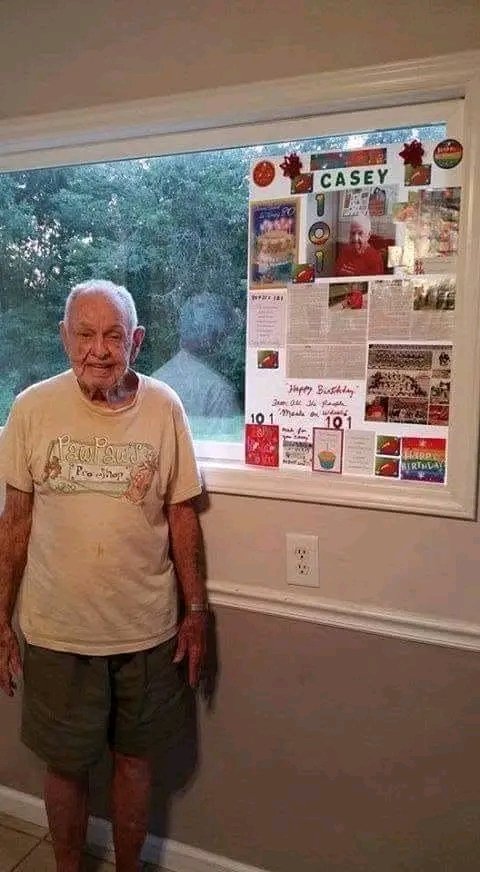 "This is my great grandpa Casey! He turned 101 years old this year🎉. He still drives, tills and plants his garden, bakes cakes, and makes homemade ice cream allll of the time! He called me over today because he wanted to put his picture on "that facebook" 😉😂💜. So I'm asking a