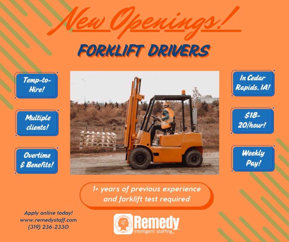RemedyWaterloo's tweet photo. Remedy has several Forklift openings in Cedar Rapids, IA! 🚨Temp-to-hire opportunities paying $20/hour! Weekly pay and benefits! 💯 Visit our website and apply online today! 📲 Give us a call for more information!
#RemedyStaffing #StaffingAgency #applyonline #forkliftjobs... https://t.co/JWuZ4BZ9Zd