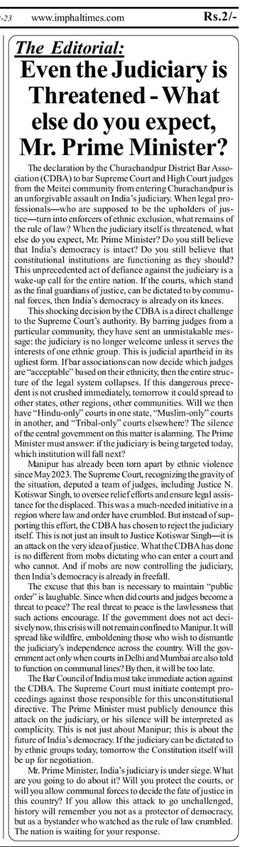 CDBA's communalisation of d' Supreme Court team visiting Manipur is an alarming disrespect to d' 'conscience keeper' of d' Constitution. Ethnicisation of the S.C team is insidious&amp;contemptuous of judiciary's neutrality. Save Art. 14, 19, 32 from the captivity of dis ethno elites.