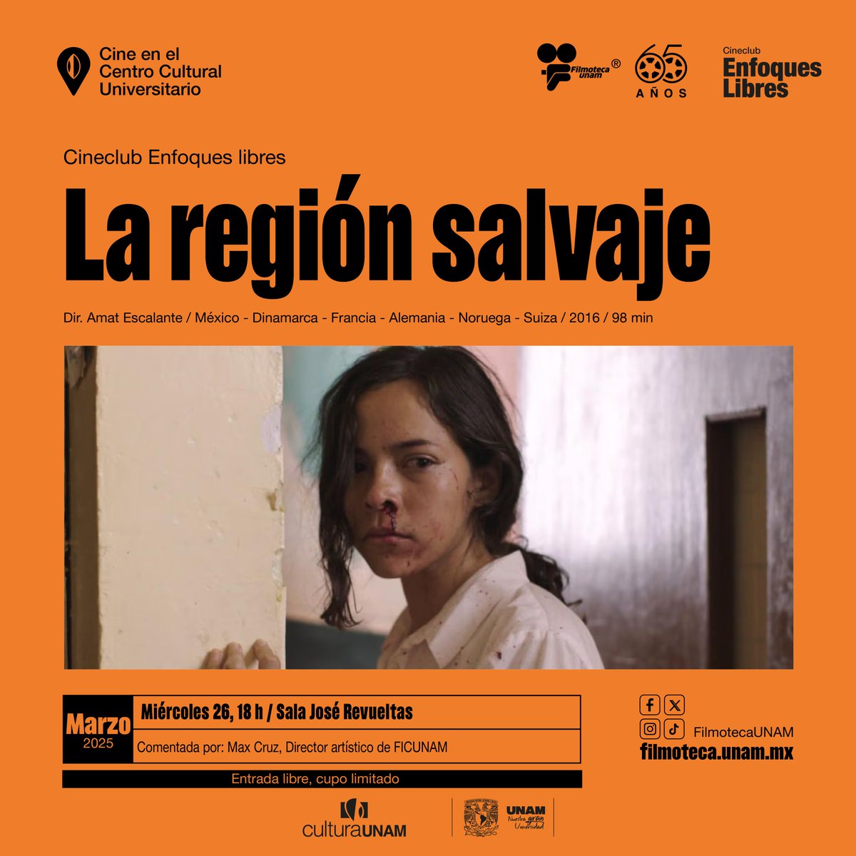Un entorno donde el sexo y el amor son frágiles, y en el que la hipocresía, la homofobia y el machismo son fuertes.

Cineclub #EnfoquesLibres invita a ver:
🎬'La región salvaje' (Amat Escalante, 2016)
🗓️26marzo | 18h
📍Sala José Revueltas #CCU
#EntradaLibre