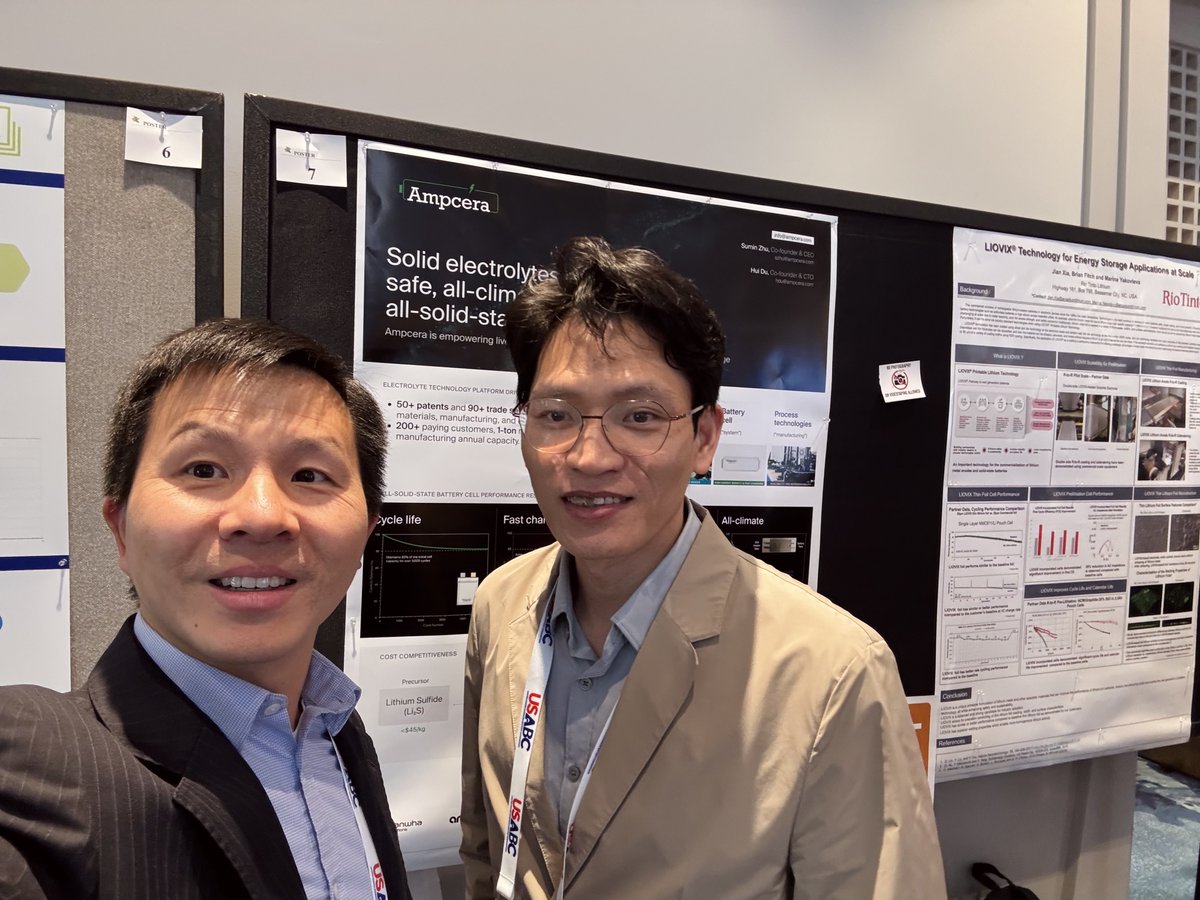 Ampcera's tweet photo. Sumin Zhu, the Co-founder and CEO of Ampcera, presented on "Advancing Low-Cost Manufacturing of Sulfide Solid Electrolytes for High Energy Density ASSBs". 

#Floridabattery #ARPAE2025 #BatteryInnovation #Ampcera #EnergyStorage #SustainableFuture #SolidStateBatteries https://t.co/pM9Si7Rwwr