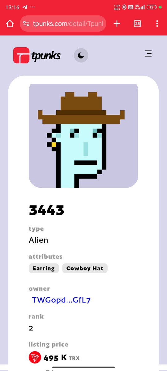 tngo_x's tweet photo. just saw Tpunks Alien 3443 listed at 495k TRX and I’m losing my mind here! Compared to Alien #3442 hitting 6.9M TRX ($619k) or the wild #2555 (that VR punk) at 555k TRX ($57k), this is insane – a rare Alien for THAT? @justinsuntron  #Tpunks #NFTs #TRON"
https://t.co/01tQm3VQq9 https://t.co/mqHjOU4AVj
