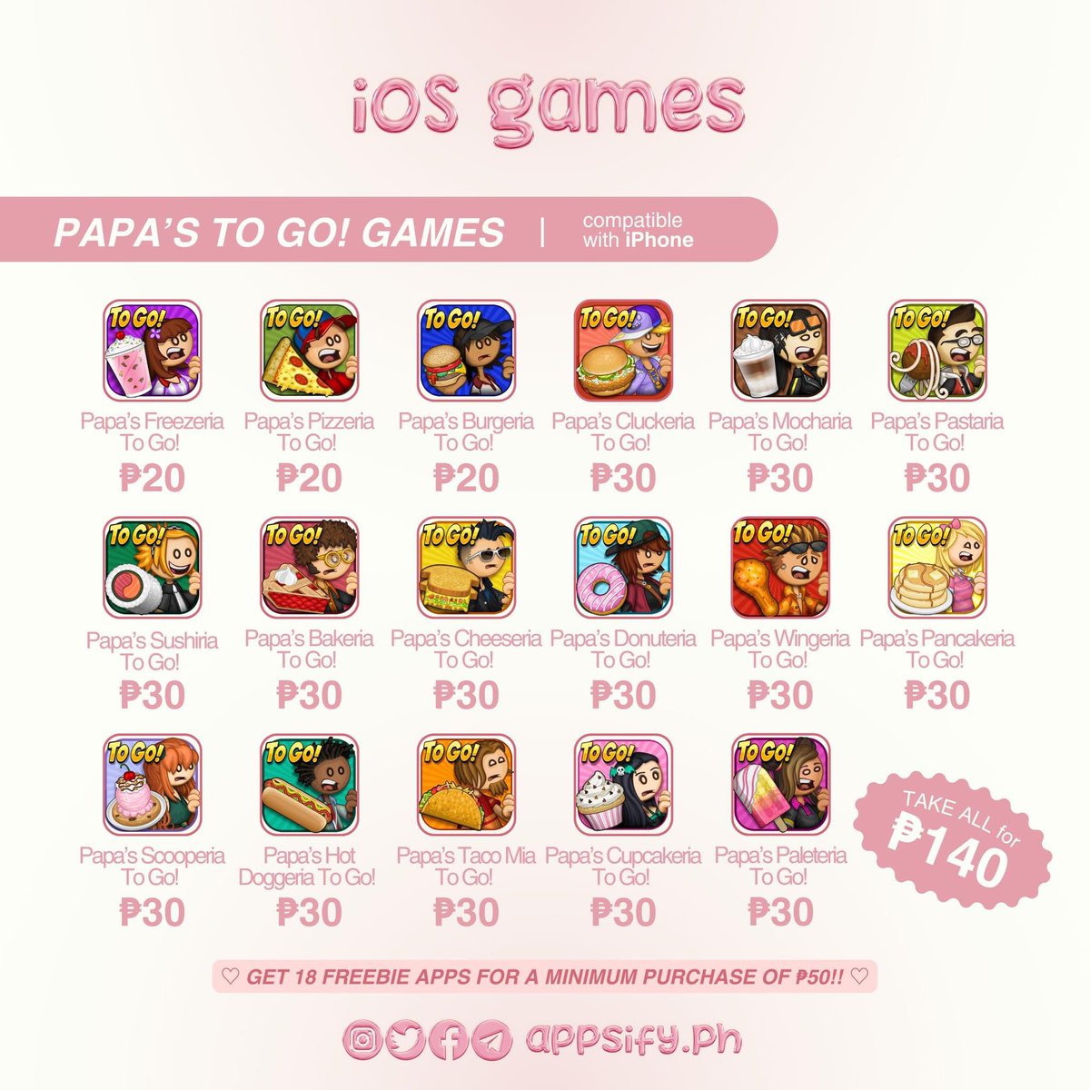 appsify_ph's tweet image. 𓏔 papa's to go &amp;amp; HD games 🥘

burgeria
pizzeria
freezeria
bakeria
sushiria
pastaria
mocharia
cluckeria
scooperia
pancakeria
wingeria
donuteria
cheeseria
cupcakeria
taco mia
hot doggeria

lf wts lfb wtb lfs ios paid apps games for sale ph ipad iphone premium prem