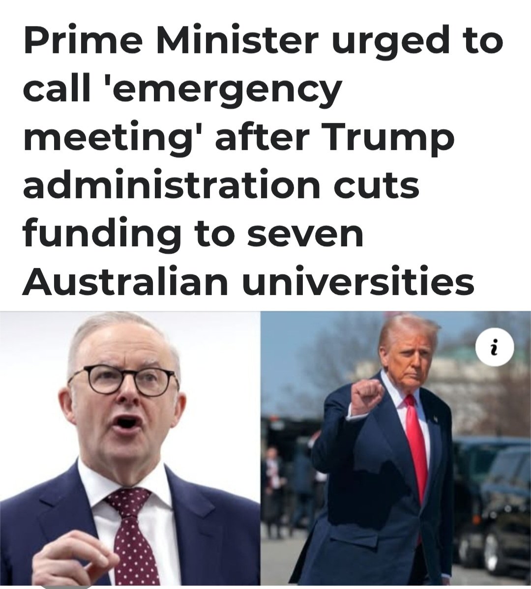 Called it!!!

Donald J. Trump didn't like the answers they gave on his questionnaire and BINGO less than a week later, funding cut!!!

As an Australian I absolutely love this. Pur universities aren't just anti-American, they're anti-Australian too and I'd I could defund them