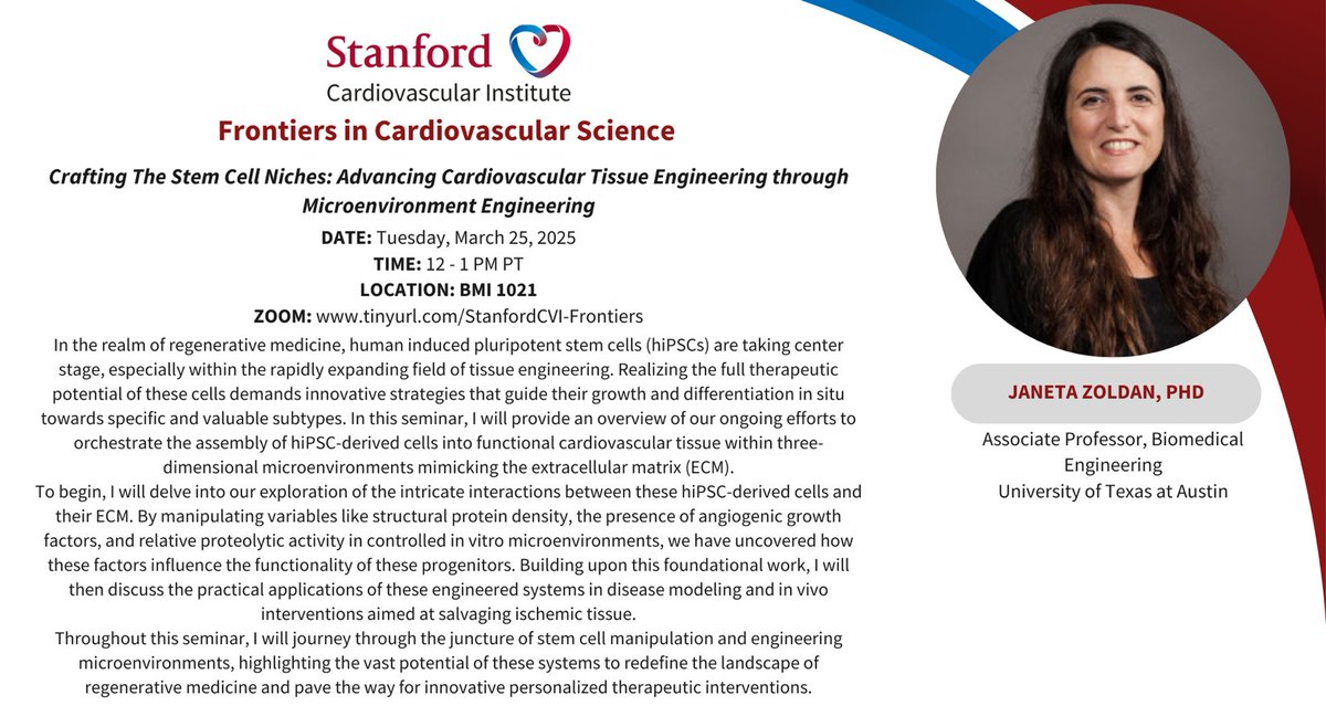 Joseph C Wu, MD, PhD (@joseph_c_wu) on Twitter photo Please join <a href="/StanfordCVI/">Stanford CVI</a> seminar Tue 3/25 @ 12pm PST by Dr. Janeta Zoldan <a href="/UTBiomedical/">Texas BME</a> <a href="/CockrellSchool/">Texas Engineering</a>
speak on #cardiovascular #tissueengineering #microenvironment.
stanford.zoom.us/webinar/registā¦
<a href="/Stanford_ChEMH/">Sarafan ChEM-H</a> <a href="/SeanM_Wu/">Sean M Wu, MD PhD</a> <a href="/BCVSearlyCareer/">Basic Cardiovascular Sciences (BCVS) Early Career</a>
<a href="/ATVBEarlyCareer/">ATVB Early Career Committee</a> <a href="/vascularbiology/">NAVBO</a> <a href="/NganHuang/">Ngan F Huang, PhD</a> Please join <a href="/StanfordCVI/">Stanford CVI</a> seminar Tue 3/25 @ 12pm PST by Dr. Janeta Zoldan <a href="/UTBiomedical/">Texas BME</a> <a href="/CockrellSchool/">Texas Engineering</a>
speak on #cardiovascular #tissueengineering #microenvironment.
stanford.zoom.us/webinar/registā¦
<a href="/Stanford_ChEMH/">Sarafan ChEM-H</a> <a href="/SeanM_Wu/">Sean M Wu, MD PhD</a> <a href="/BCVSearlyCareer/">Basic Cardiovascular Sciences (BCVS) Early Career</a>
<a href="/ATVBEarlyCareer/">ATVB Early Career Committee</a> <a href="/vascularbiology/">NAVBO</a> <a href="/NganHuang/">Ngan F Huang, PhD</a>