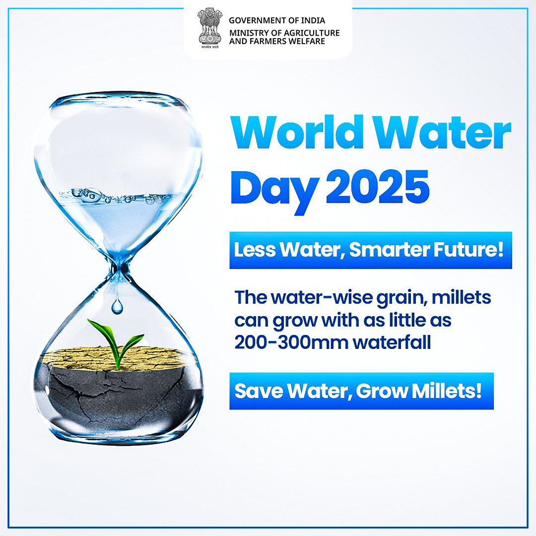 Less Water, Smarter Future!

This World Water Day 2025, add water-wise Millets to your diet  

Save Water, Grow Millets!

#IYM2023 #ShreeAnna #WorldWaterDay2025