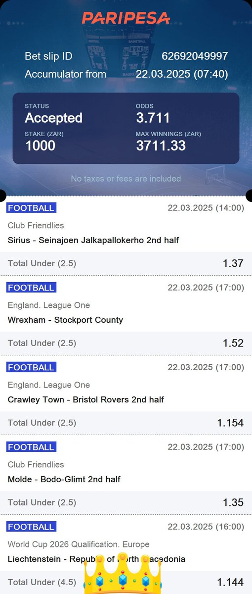 Lonewolf12309's tweet photo. The secrecy β½β½β½
Unders (D5)
#soccer β½β½β½
Small odds but profit everyday π€
Betting is a skill π²
Stake
R1k Γ3.4=R3.7k
#Peripesa
#PercyTau
#Tems
#Rele
#Ferrari
#Ngezana
Odds 3.7
Bet responsibly π¨ https://t.co/432yWYxUoL
