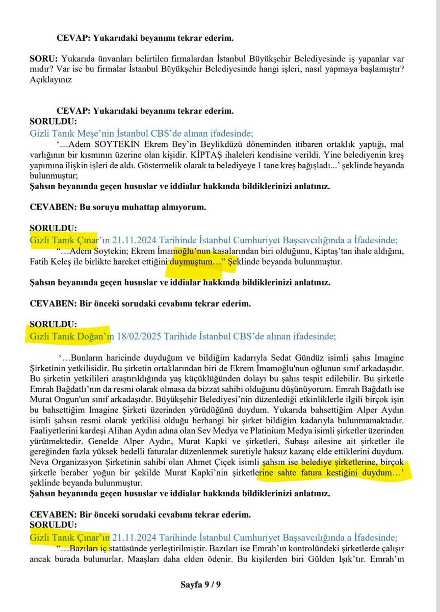Ekrem İmamoğlu’nun 121 sayfalık ifadesinde yer alan suçlamaların çoğu, gizli tanık beyanlarındaki duyumlara dayanmaktadır.