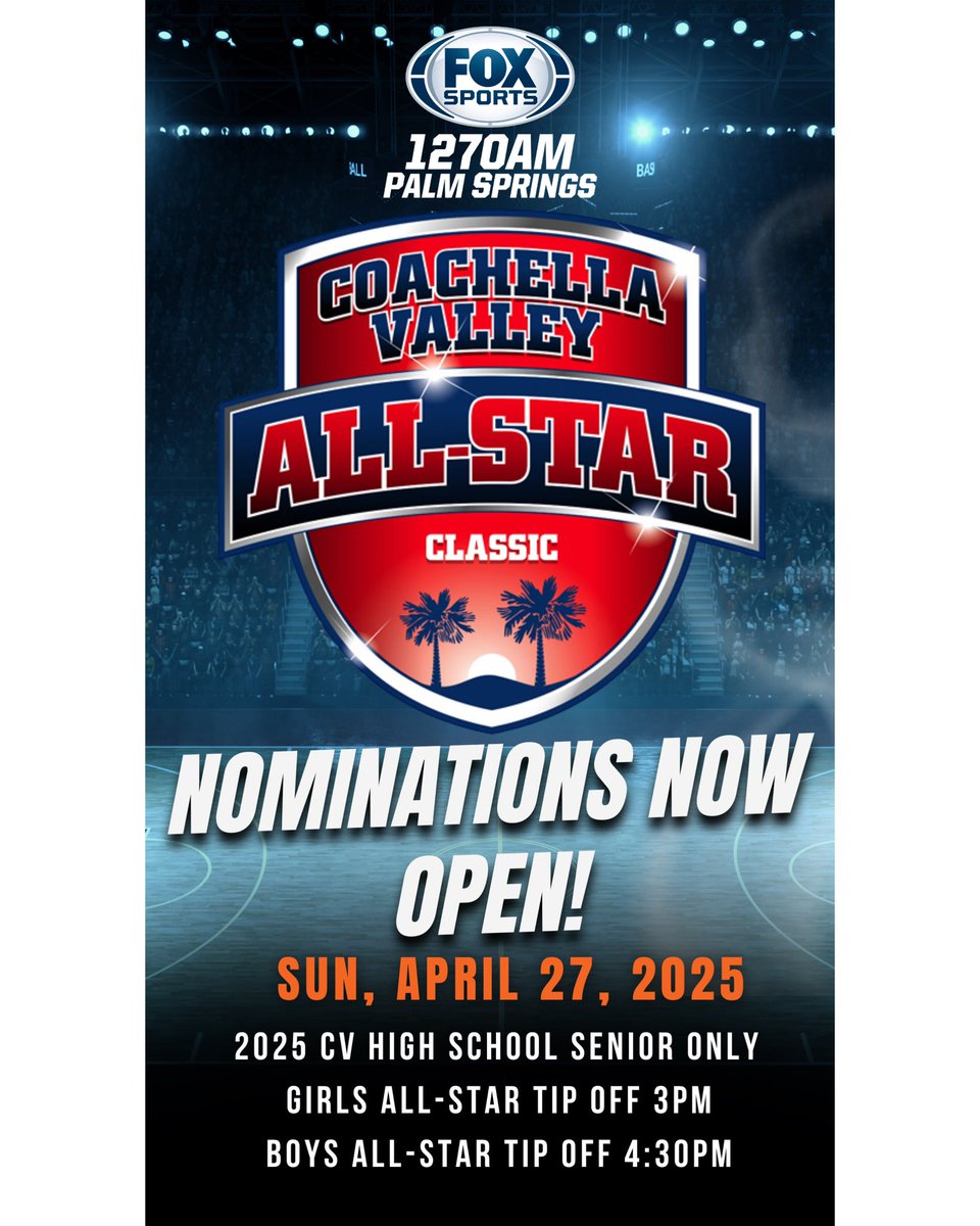 🎉🏀 BREAKING NEWS 🏀🎉
 
The Coachella Valley All-Star Classic is coming your way! 🌟
🗓 Date: Sunday, April 27
⏰ Girls' Game Tip-off: 3:00 PM
⏰ Boys' Game Tip-off: 4:30 PM
 
We’re celebrating the best high school basketball talent in the Coachella Valley! #CVClassic