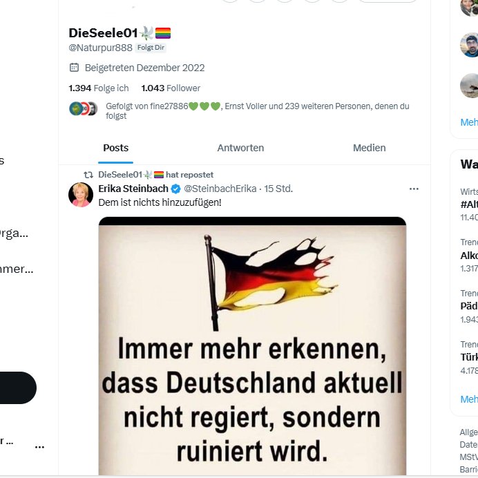 Klingt erstmal schön, "DieSeele01" @ naturpur888, ist aber eine rechter Hetzaccount.
Mir ist er durchgerutscht und ich bin ihm gefolgt, so wie 239 meiner Mutual auch...