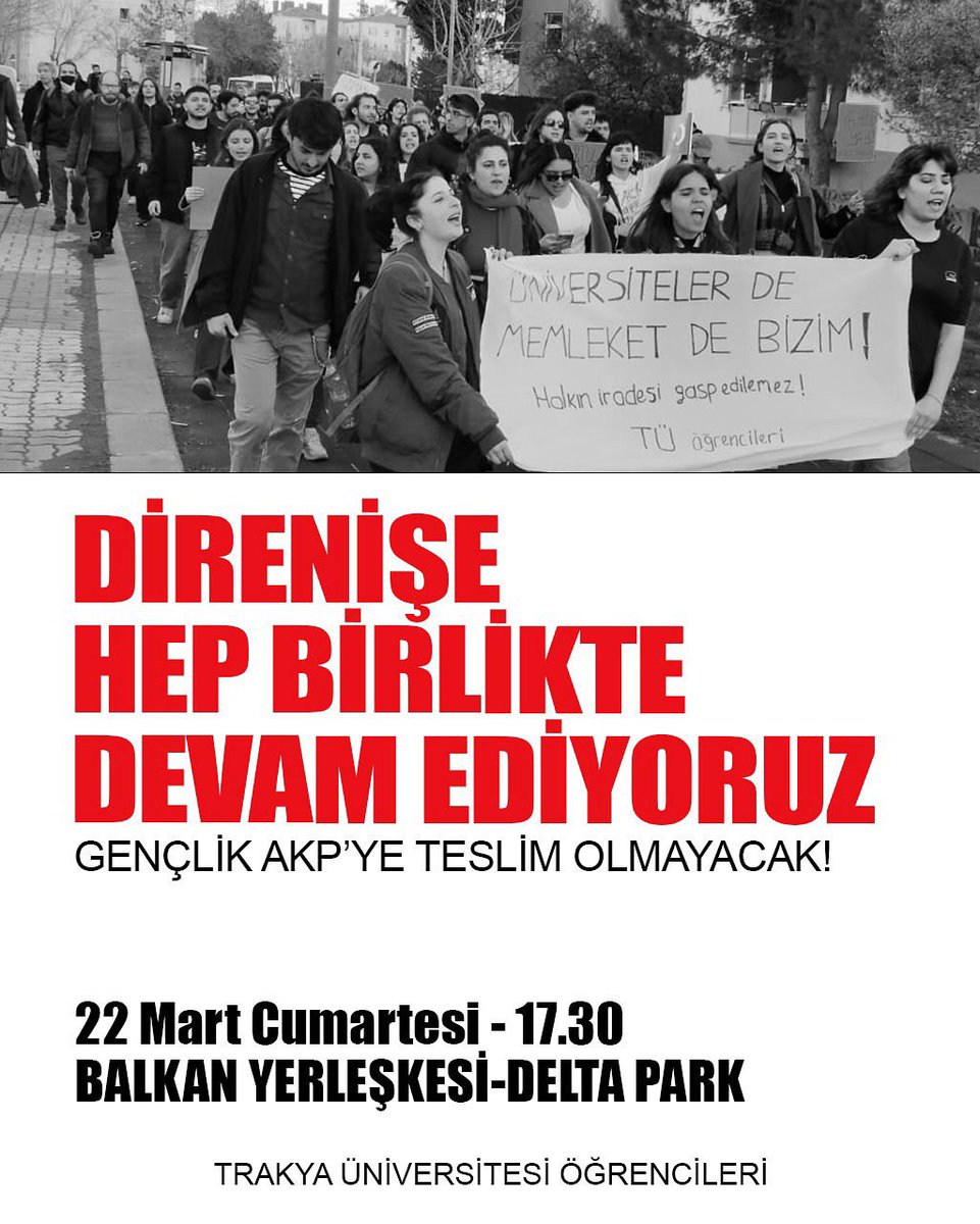 📍Trakya Üniversitesi Balkan Yerleşkesi

Direnişi büyütüyor, mücadeleye devam ediyoruz!

“Gençlik AKP’ye teslim olmayacak!”