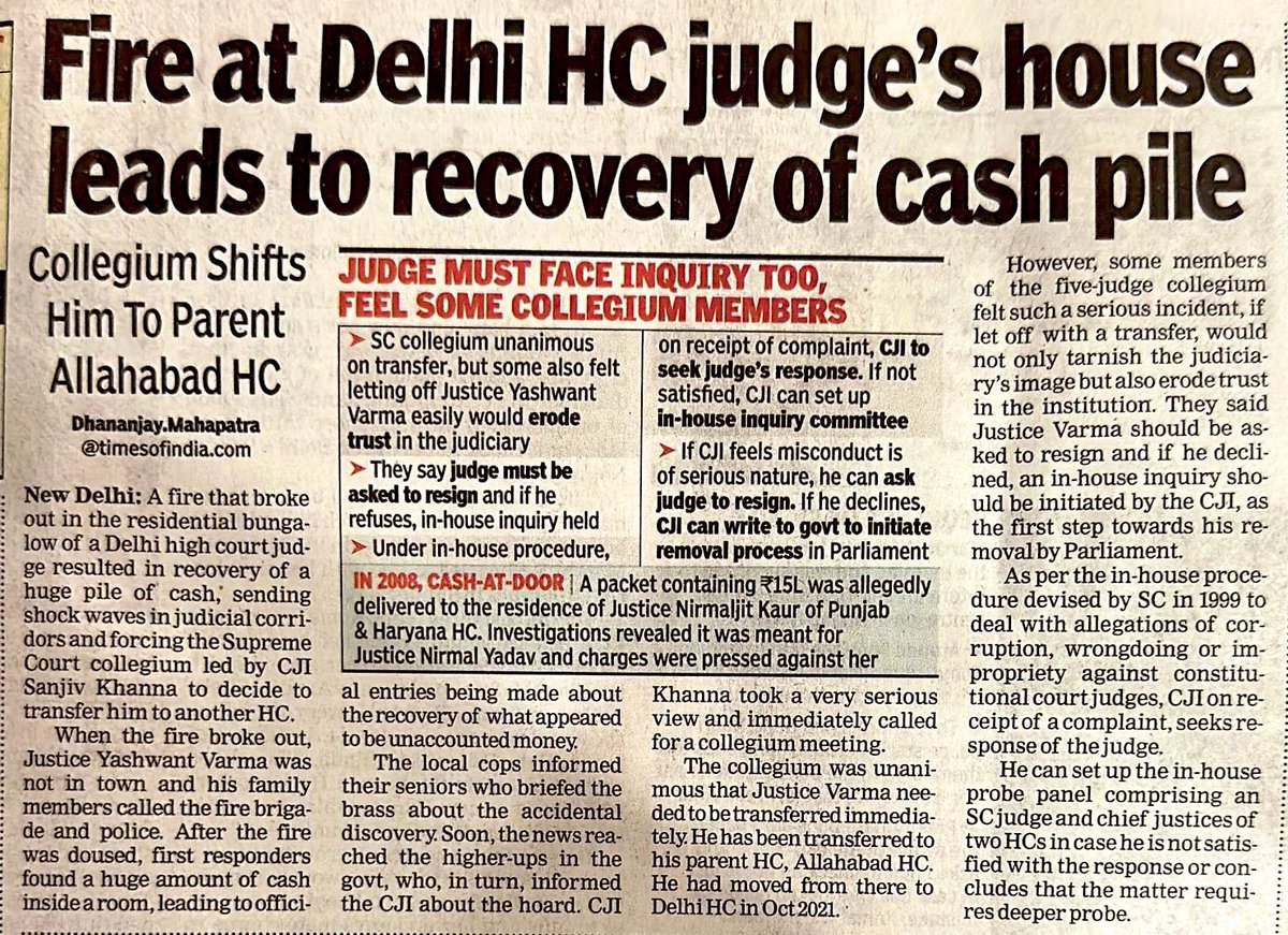 CaVivekkhatri's tweet photo. If this was a regular taxpayer caught with unaccounted cash during a fire, here’s what would’ve happened:

🔹 Immediate raid and interrogation
🔹 IT notices, penalties, seizure orders in 48 hours
🔹 Media trial calling it “black money”
🔹 Possible arrest under PMLA/Benami Act

But when it’s a High Court judge—
He’s “transferred” quietly.
No raids. No ED grilling. No IT crackdown.

One law for the powerful, another for the rest of us.

If common citizens have to face the full force of tax law for a few lakhs, why is there silence on cash piles inside a judge’s residence?

Where is the CBI, ED, Income Tax, Lokpal, Vigilance?

Do they not operate past a certain pay grade?

This is exactly why people lose trust in institutions.

Not because of a fire—but because of how selectively the law burns.