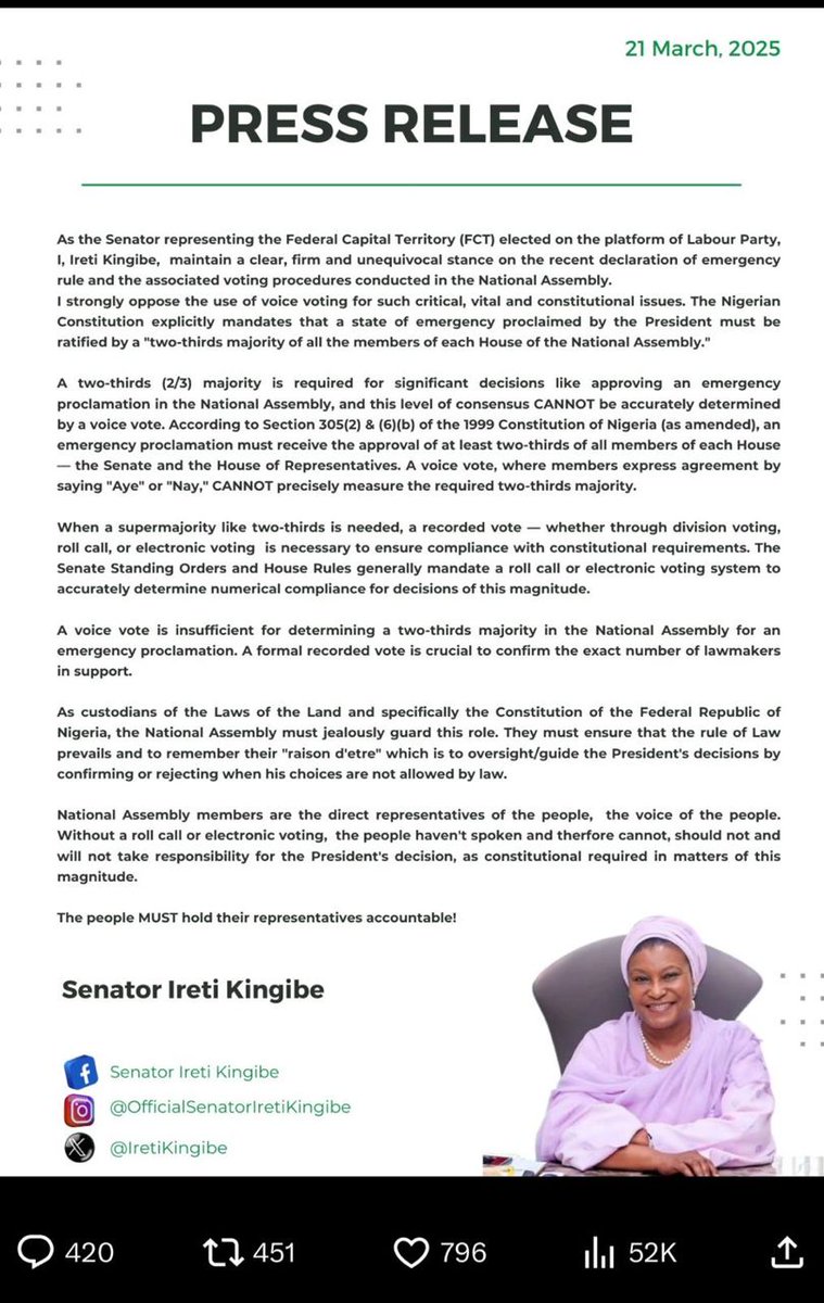 Atedo Peterside (@atedopeterside) on Twitter photo I would like to commend Senator <a href="/IretiKingibe/">Sen. Ireti Kingibe</a> and a handful of other law makers who stood firm in rejecting a voice-vote because it is not a valid method for recording a two-thirds majority. Everything that proper leaders do should be seen to credible I would like to commend Senator <a href="/IretiKingibe/">Sen. Ireti Kingibe</a> and a handful of other law makers who stood firm in rejecting a voice-vote because it is not a valid method for recording a two-thirds majority. Everything that proper leaders do should be seen to credible