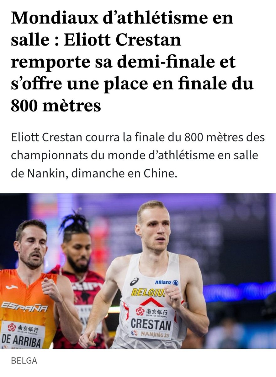 👍🏻 Notre vice-champion d'Europe Eliott Crestan s'est brillamment qualifié pour la finale du 800m aux Mondiaux en Chine. Rdv ce dimanche à 13h40 heure belge.
Belle qualification aussi de Rani Rosius (60m) et de Michael Obasuyi (60m haies) pour les demi-finales 💪🏻
#belgianathletics