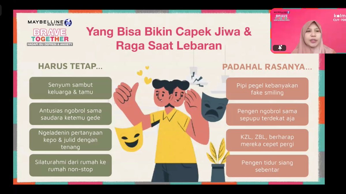 Ka_notkha's tweet photo. Keren banget webinar menjelang lebaran ini. Bisa tau ternyata ada istilah 'lebaran anxiety' dan gimana ngadepin tanggapan orang lain ke kita. Kita bisa belajar pause, check, think, and do.

@MaybellineINA @get_kalm 
#BraveTogetherID
#WeAreMaybelline
#BraveTalkWithKALM https://t.co/aWQ6eMpy29