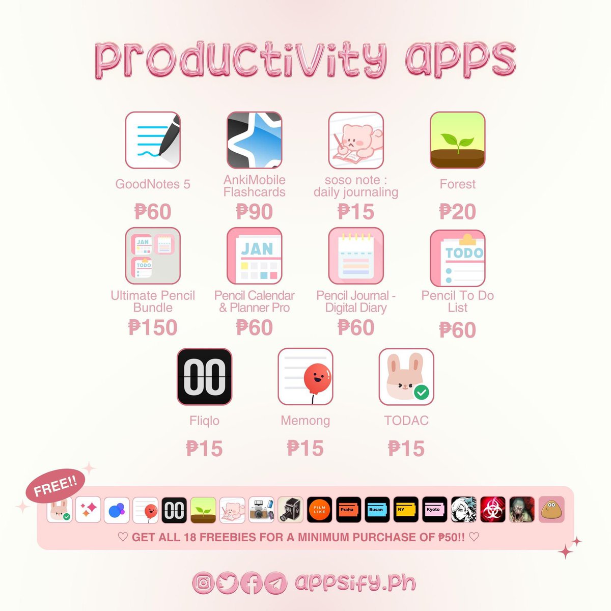 appsify_ph's tweet image. 🍒 productivity

𓏔 goodnotes 5 - 60
𓏔 ankimobile flashcards - 90
𓏔 soso note/fliqlo/memong - 15ea
𓏔 forest - 20
𓏔 procreate - 80
𓏔 procreate dreams - 90

wts lfb wtb lfs lf ios paid apps games for sale ph ipad iphone