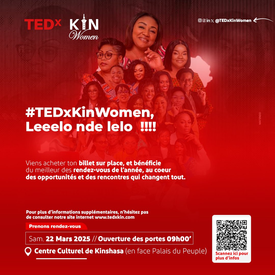 TEDxKinWomen's tweet photo. 🔥 LELO NDE LELO (09h00)

#TEDxKinWomen 
Au Centre Culturel de Kinshasa
(En face du Palais du Peuple) https://t.co/Ap8cMRwo2K