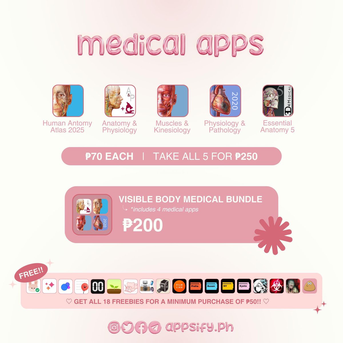 appsify_ph's tweet image. 🩺

𓏔 human anatomy atlas 2024
𓏔 anatomy &amp;amp; physiology
𓏔 physiology &amp;amp; pathology
𓏔 muscles &amp;amp; kinesiology
𓏔 essential anatomy 5

70 ea | 200 take 4 apps | 250 take all 5

wts lfb wtb lfs lf ios paid apps for sale ph ipad iphone medical visible body