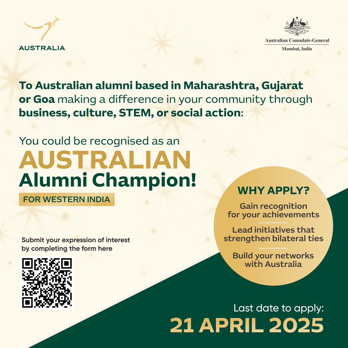 Calling all Aussie alumni changemakers in Maharashtra, Gujarat &amp; Goa!
Are you driving impact in business, STEM, culture, or social action?
Apply to be an Australian Alumni Champion of Western India.
Scan the QR to submit your EOI by 21 Apr 2025.
#AustralianAlumni