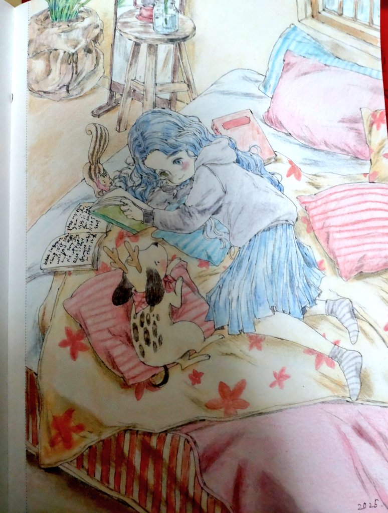 mei_5_1002's tweet photo. まったりくつろぎ時間
青髪の女の子久しぶりに塗りました、赤の色鉛筆が残っているので使いたくて塗り始めたのですが、青も黄色もあるちょっとごちゃっとした感じが生活らしくて好きかな。女の子はオッドアイ、パーカーは私とおそろいです♡
#大人の塗り絵
#エポルの塗り絵ブック
#colorling
#aeppol https://t.co/mQVn9zKMHk
