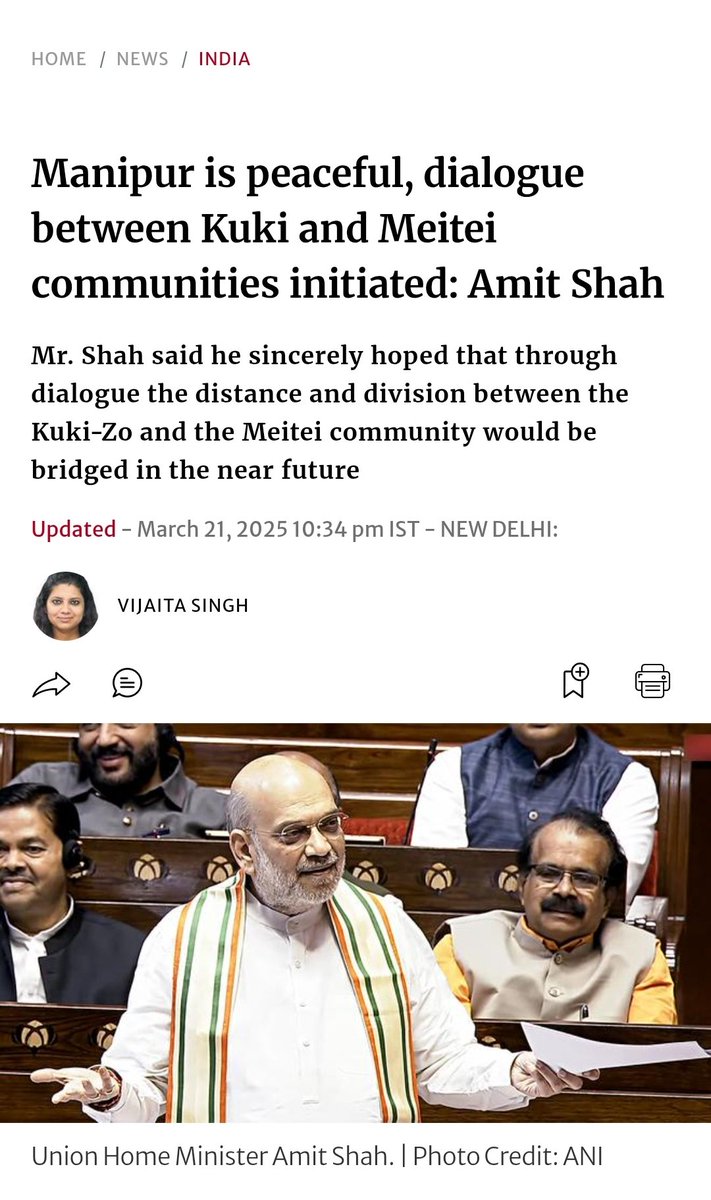 The Hon'ble Union Home Minister Sh <a href="/AmitShah/">Amit Shah</a> Ji's claim that Manipur is peaceful is a gross misrepresentation of the truth. The reality is that the Kuki-Zo and Meitei communities are segregated, with no Kuki-Zo individuals in the Meitei Valley and no Meitei individuals in the