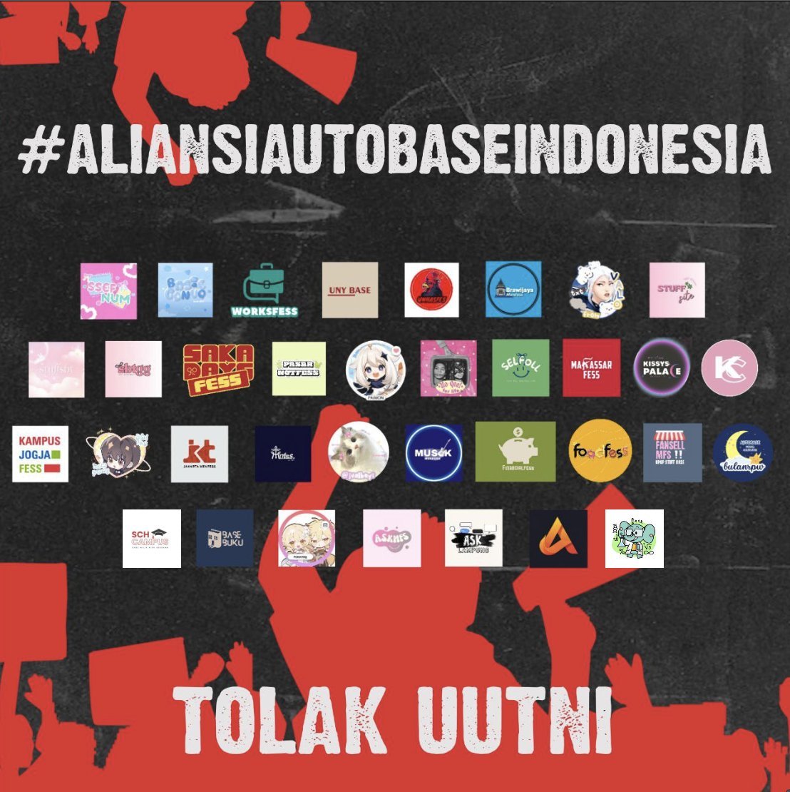 #AliansiAutobaseIndonesia mengajak warga X untuk menolak UU TNI.

⚠️ DROP HASTAG! ⚠️

Sejarah membuktikan, masuknya Militer ke ranah sipil mengancam Supremasi Sipil &amp; membunuh cita-cita reformasi, mewujudkan negara Indonesia yang demokratis.

#TolakRevisiUUTNI
#CabutUUTNI