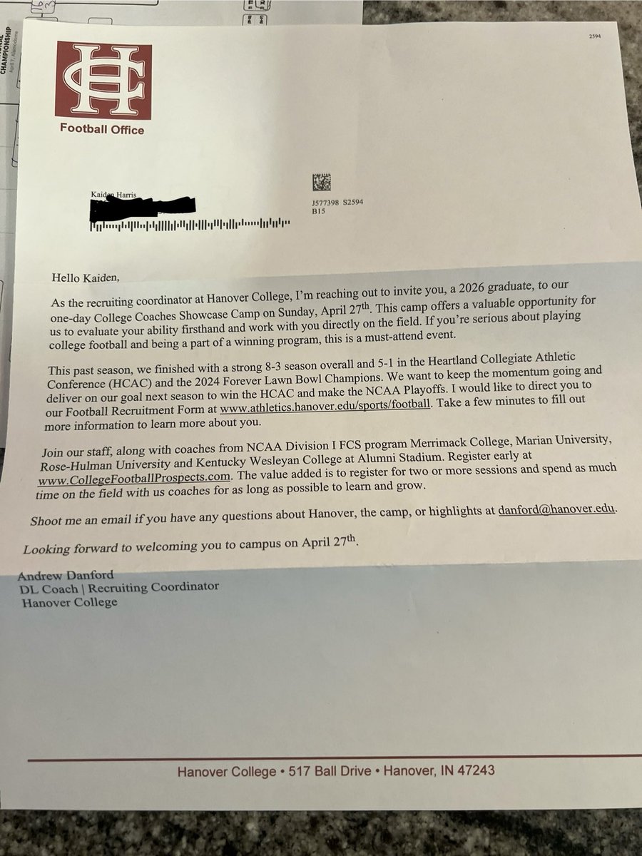 KAIDEN HARRIS 4⭐️ (@kaidenharris_ls) on Twitter photo I’m very excited and honored to have received this invite to the Hanover College Showcase Camp! I am looking forward toward learning, competing, and meeting some coaches!
<a href="/CoachWhitaker1/">J.T. Whitaker</a> <a href="/WARRENCENTRALFB/">WC Football🏈</a> <a href="/Coach_Kessel20/">Nik Kessel</a> <a href="/DLCoach_Danford/">Andrew Danford</a> <a href="/KohlsSnapping/">Kohl's Snapping Camps</a> I’m very excited and honored to have received this invite to the Hanover College Showcase Camp! I am looking forward toward learning, competing, and meeting some coaches!
<a href="/CoachWhitaker1/">J.T. Whitaker</a> <a href="/WARRENCENTRALFB/">WC Football🏈</a> <a href="/Coach_Kessel20/">Nik Kessel</a> <a href="/DLCoach_Danford/">Andrew Danford</a> <a href="/KohlsSnapping/">Kohl's Snapping Camps</a>