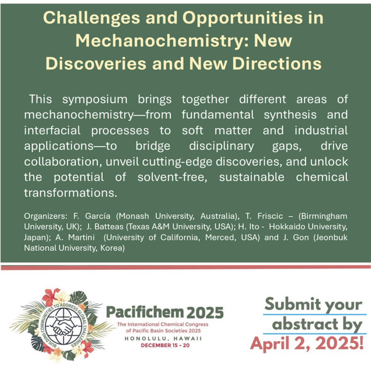 Hajime Ito (@haj19932469) on Twitter photo Join us at the symposium “Challenges and Opportunities in Mechanochemistry: New Discoveries and New Directions” in Pacifichem 2025!
Don’t miss the chance to engage with cutting-edge research and shape the future of mechanochemistry!
#mechanochemistry, <a href="/Pacifichem/">Pacifichem</a> Join us at the symposium “Challenges and Opportunities in Mechanochemistry: New Discoveries and New Directions” in Pacifichem 2025!
Don’t miss the chance to engage with cutting-edge research and shape the future of mechanochemistry!
#mechanochemistry, <a href="/Pacifichem/">Pacifichem</a>