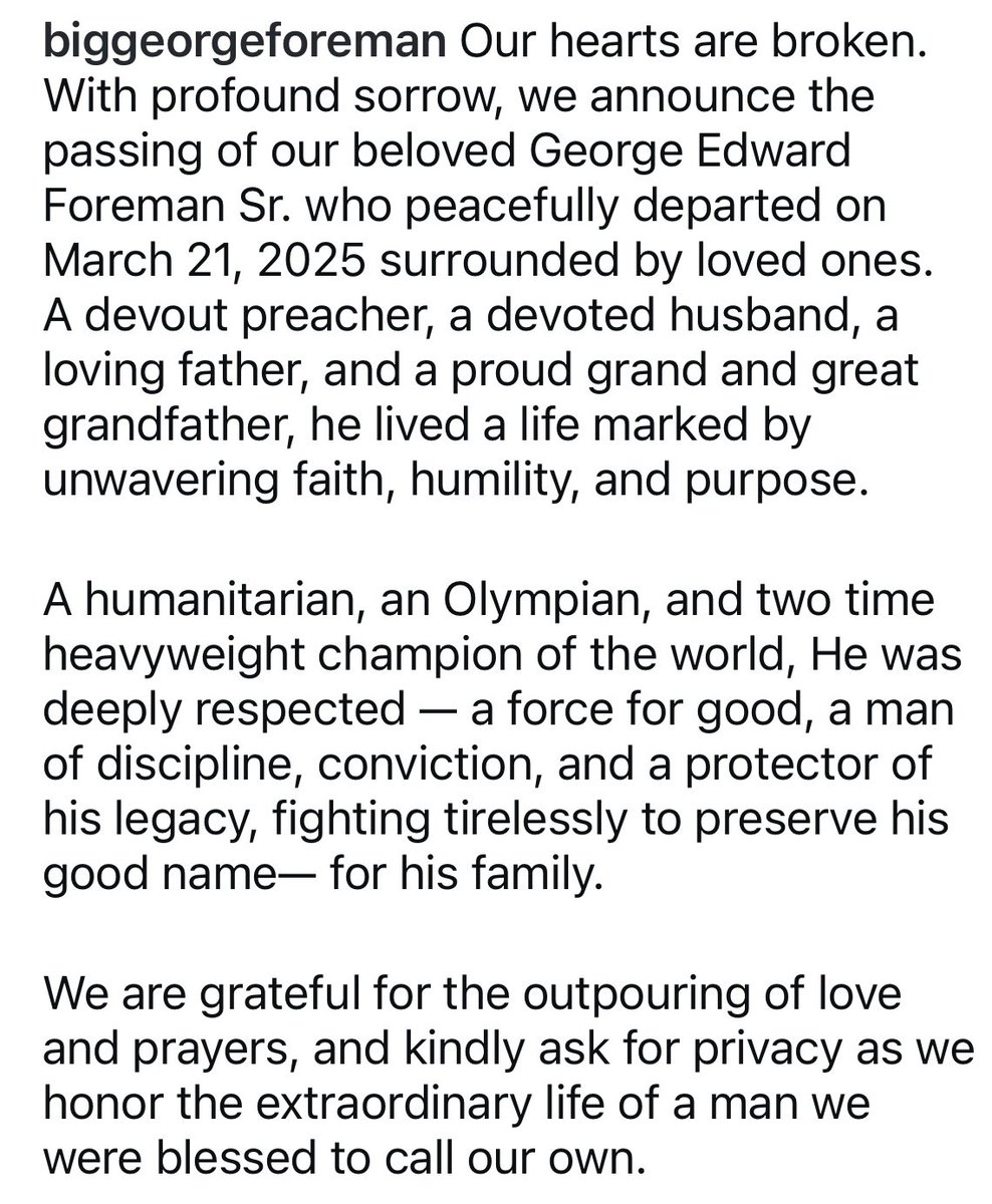 The family of Houstonian George Foreman announced on Instagram the two-time Heavyweight Champion of the World has passed away. RIP Big George.