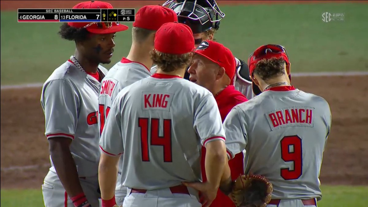 After a lead off walk, Wes Johnson yelled “Are you gonna do this?!” to Kolten Smith from the dugout. He then marched out to the mound &amp; got in his pitcher’s  face &amp; challenged him.

Smith struck out 2 of 3, including DH Donay on 3 pitches to end it.

Final: #4 Dawgs 8 | #13 UF 7
