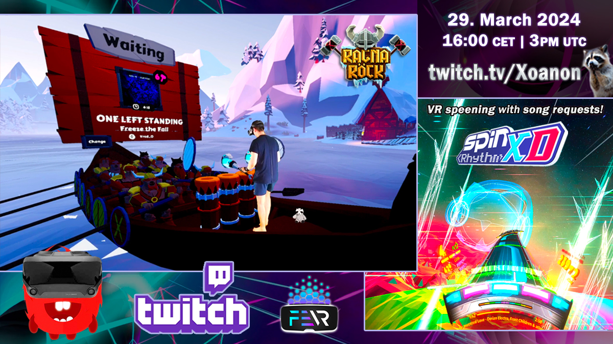 _Xoanon_'s tweet photo. 🔥 Live on #Twitch now!
🥁 First drumming in #Ragnarock🤘,
🎮 Then spinning in #SpinRhythmXD🌀 in #VR!
🎶 Song requests open!
➡️ https://t.co/djcYKOgiQI 🦝
🔗 @ragnarock_game @WanadevStudio @SpinRhythmGame @pulsoid_app @LIV
🏷️ #VirtualReality #FreezeTheFall #ColdFront #drumming #drums #metal #streamer #music #SongRequests #TwitchStreamers #TwitchStreamer #stream