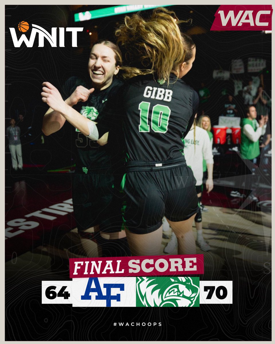 UAConference's tweet photo. FINAL | @UVUwbb 70, Air Force 64

Utah Valley advances to the second round 🤩‼️

#OneWAC x #WAChoops https://t.co/DKQ6pwz4va