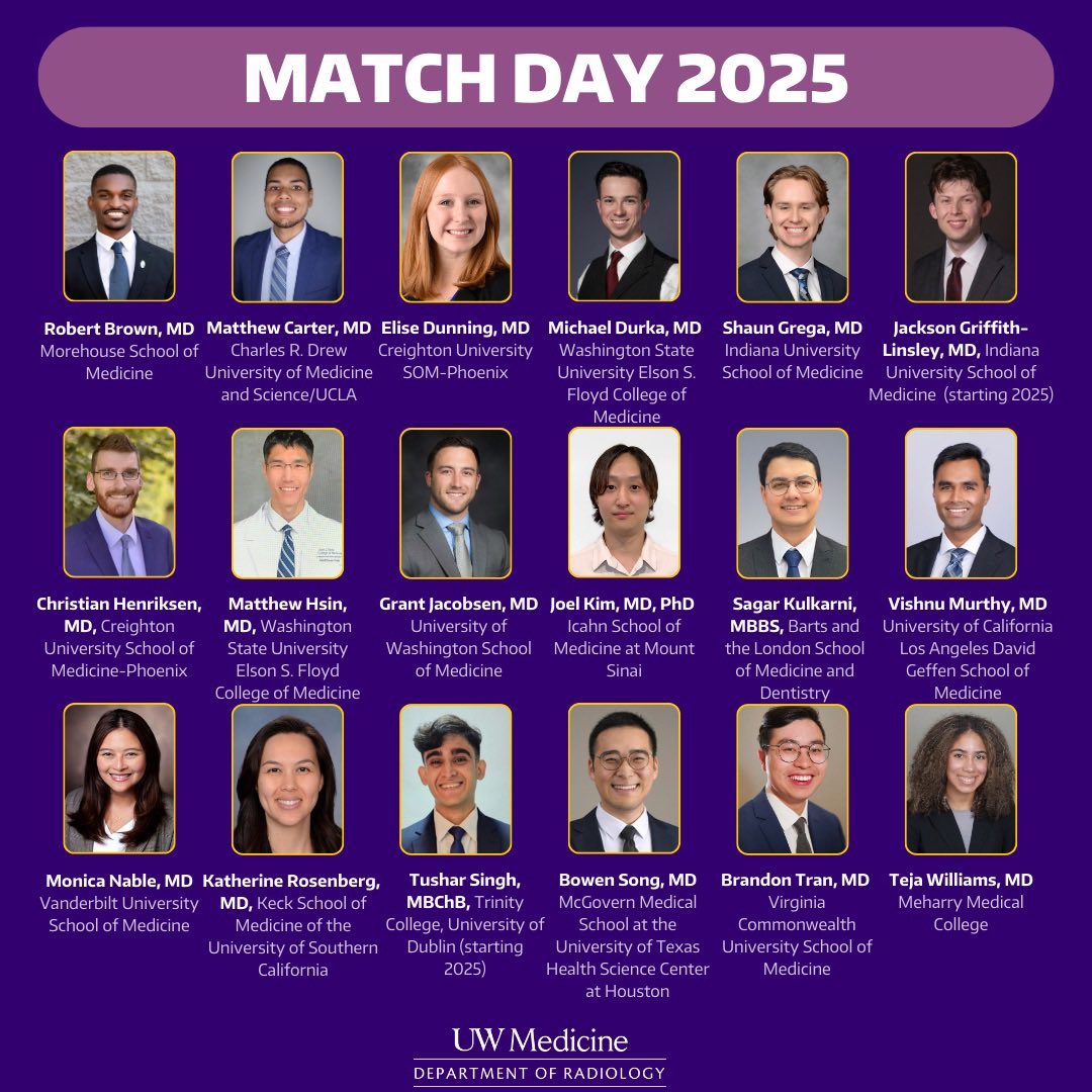 University of Washington IR Residency (@uofwa_ir) on Twitter photo Extremely excited to welcome these amazing and talented folks to UW! Congrats to everyone on another successful match. We’ll catch you rad people in Seattle 🫡
#Match2025 #MatchDay2025 Extremely excited to welcome these amazing and talented folks to UW! Congrats to everyone on another successful match. We’ll catch you rad people in Seattle 🫡
#Match2025 #MatchDay2025