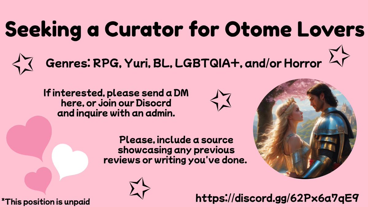 Otome_Lovers's tweet image. ♡ We're currently seeking a curator to join our team!
✩ The specific genres we are looking to have covered are: RPG, Yuri, BL, LGBTQIA+, and/or Horror.
✩ You don't have to cover all genres, but more than one is desirable.
♡ Important links can be found below.