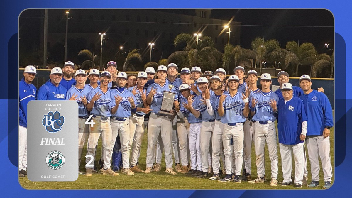 Barron Collier Baseball (@barronbaseball) on Twitter photo CCAC Champs! Cougars win 4-2 in a hard fought battle over Gulf Coast to take home the 🏆!!!
<a href="/a_overmyer2026/">Alan</a> (Win) 6IP, 1ER, 1K, 5H
<a href="/CaseyDrake08/">Casey Johnson</a> 2-3, 1 RBI
<a href="/KhaydenCollier/">Khayden Collier</a> 1-3, 1R, 2RBI
Dylan Wiggins (Save), 1IP, 1K
<a href="/AJ3Hunter/">Coach Adam Johnson</a> <a href="/BarronCollier/">Barron Collier</a> CCAC Champs! Cougars win 4-2 in a hard fought battle over Gulf Coast to take home the 🏆!!!
<a href="/a_overmyer2026/">Alan</a> (Win) 6IP, 1ER, 1K, 5H
<a href="/CaseyDrake08/">Casey Johnson</a> 2-3, 1 RBI
<a href="/KhaydenCollier/">Khayden Collier</a> 1-3, 1R, 2RBI
Dylan Wiggins (Save), 1IP, 1K
<a href="/AJ3Hunter/">Coach Adam Johnson</a> <a href="/BarronCollier/">Barron Collier</a>