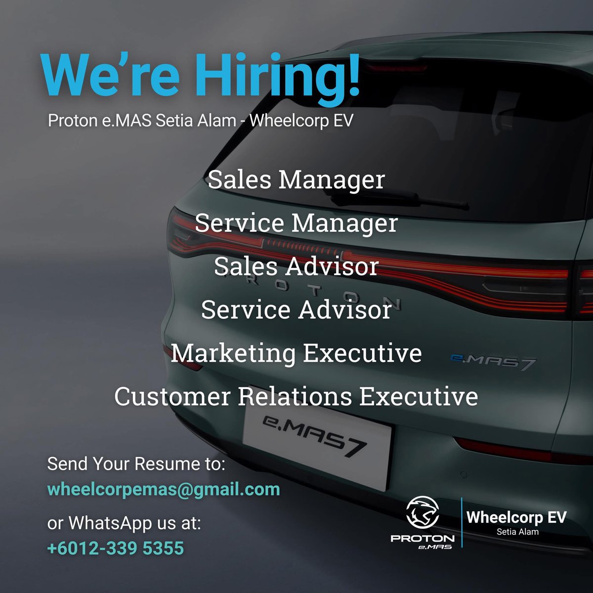 faiztasnim1's tweet image. Join the future of mobility with Proton e.MAS Setia Alam - Wheelcorp EV! 🚀 

We’re looking for passionate individuals to drive innovation with us. Apply now by sending your resume to wheelcorpemas@gmail.com or WhatsApp us at wa.me/60123395355 today!

#ProtoneMAS
