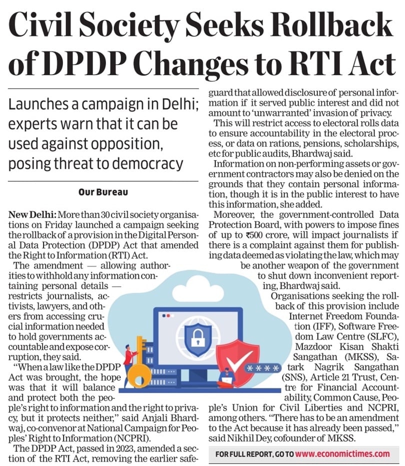 Suraksha P (@surakshapinnuet) on Twitter photo Over 30 civil society organisations are calling for a rollback of the Digital Personal Data Protection Act's provision which amended the Right to Information Act which they say curbs the rights & ability of journalists, activists, & lawyers, to access info, reports <a href="/annapurnarET/">Annapurna Roy</a> Over 30 civil society organisations are calling for a rollback of the Digital Personal Data Protection Act's provision which amended the Right to Information Act which they say curbs the rights & ability of journalists, activists, & lawyers, to access info, reports <a href="/annapurnarET/">Annapurna Roy</a>