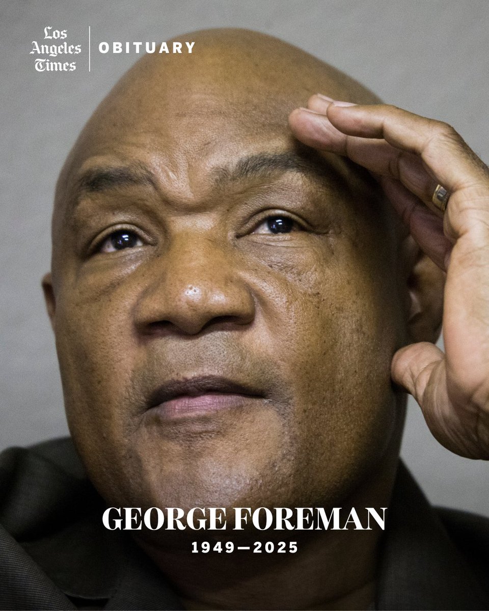 latimes's tweet photo. George Foreman, the heavyweight champion who fought Muhammad Ali and was known for his ferociousness in the ring and bubbly personality, has died.

https://t.co/n92U5R2U1a https://t.co/dvQ9qTvd0V