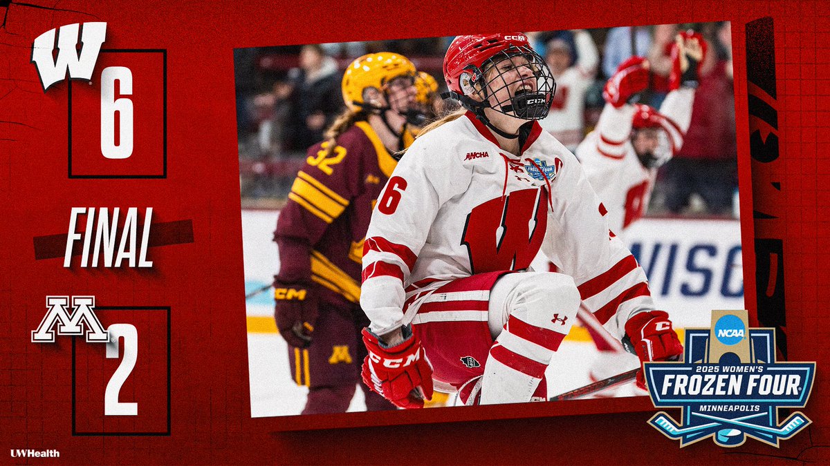FINAL IN MINNEAPOLIS
No. 1 #Badgers 6, No. 4 Minnesota 2
An Edwards hat trick and three points from O'Brien seal the victory which means the Badgers are moving to the NCAA Championship Game!