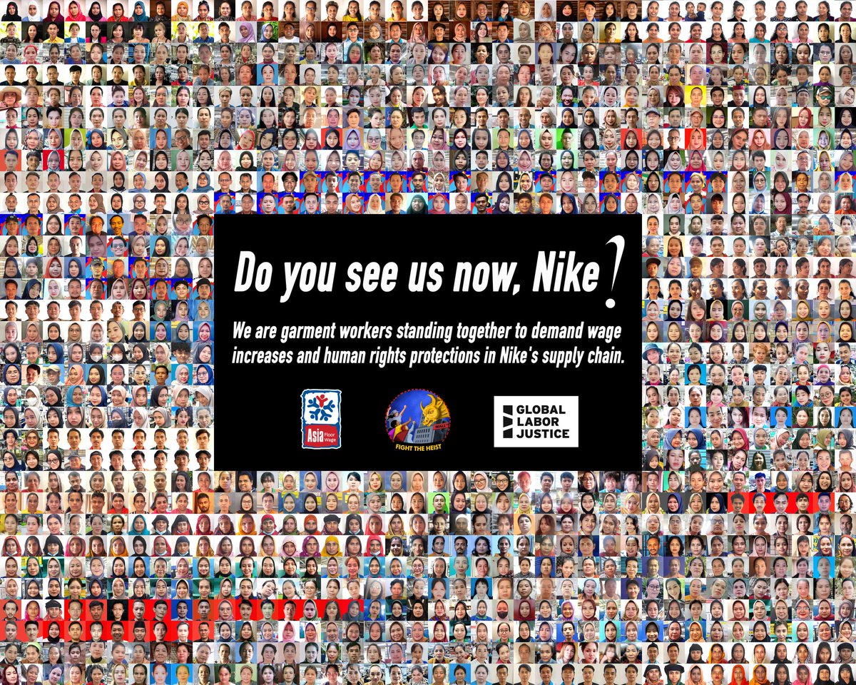 Más de 1.000 trabajadores de la confección exigen a <a href="/Nike/">Nike</a> el reconocimiento y el salario que merecen. Estamos con ellos. #SeeUsNike
@globallaborjustice <a href="/asia_floorwage/">Asia Floor Wage Alliance</a>
<a href="/michelleapeluso/">Michelle Peluso</a> @johnwrogersjrariel @nikewomen