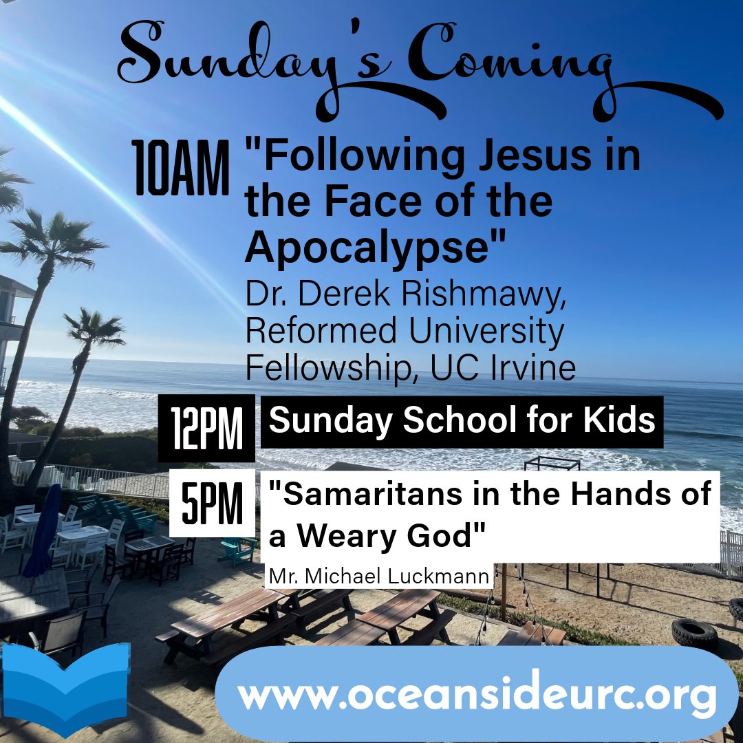 OceansideURC's tweet image. Sunday’s coming!
This Sunday morning we welcome for the first time @DZRishmawy to the pulpit. Dr. Rishmawy is campus minister with @RUFnational at UC Irvine. 
#cometochurch #youreinvited #jesus #oceanside #carlsbad #vista #encinitas #sanmarcos #northcountysd #sandiego
