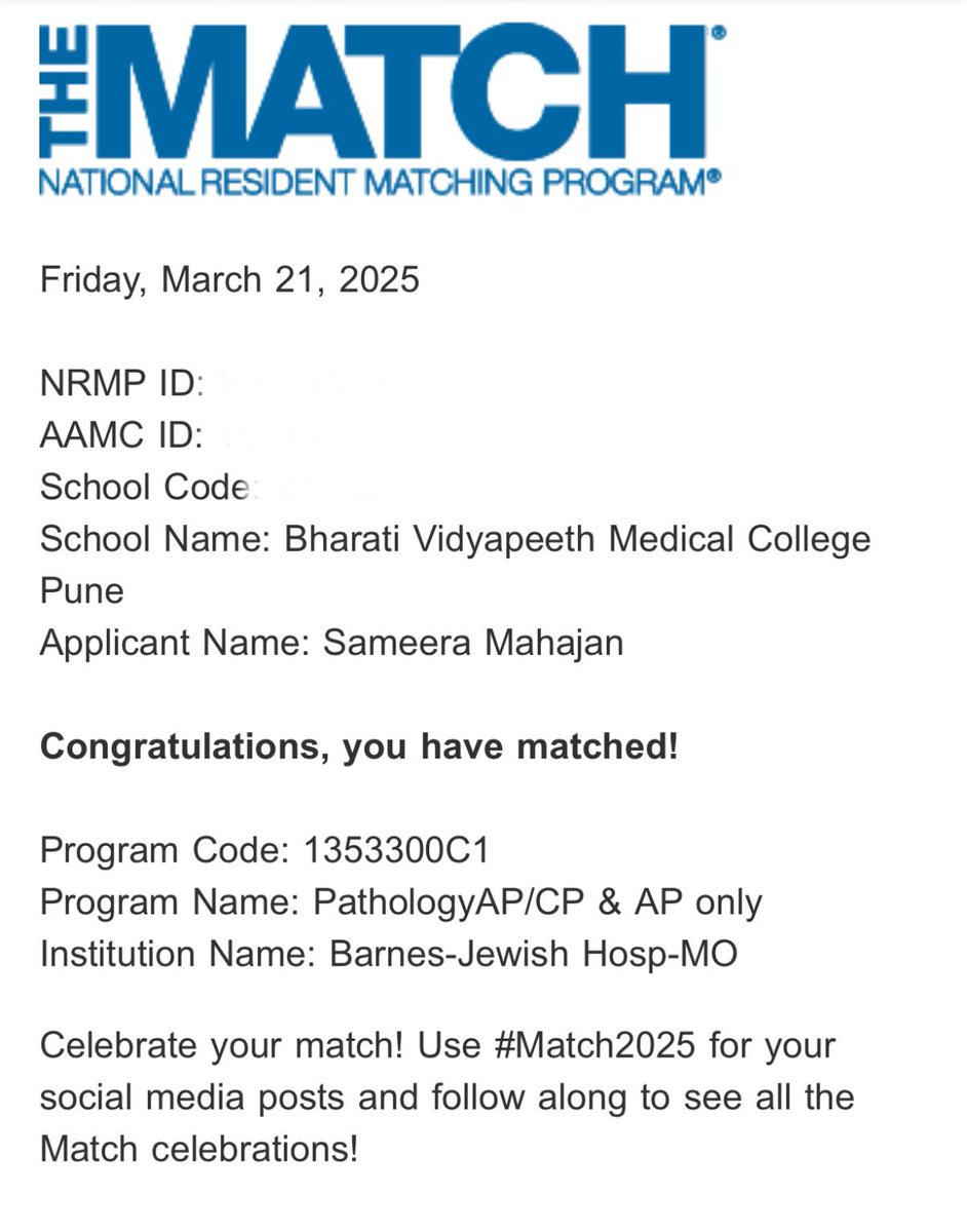 MehtaSameera's tweet photo. Extremely grateful and happy to start my new journey at @washupathedu! Its a dream come true! Cannot wait to meet the team and start my pathology residency soon! πππ»ππ»
#Match2025 #Grateful #PathTwitter #LoveForPath https://t.co/VwB08qEBWE