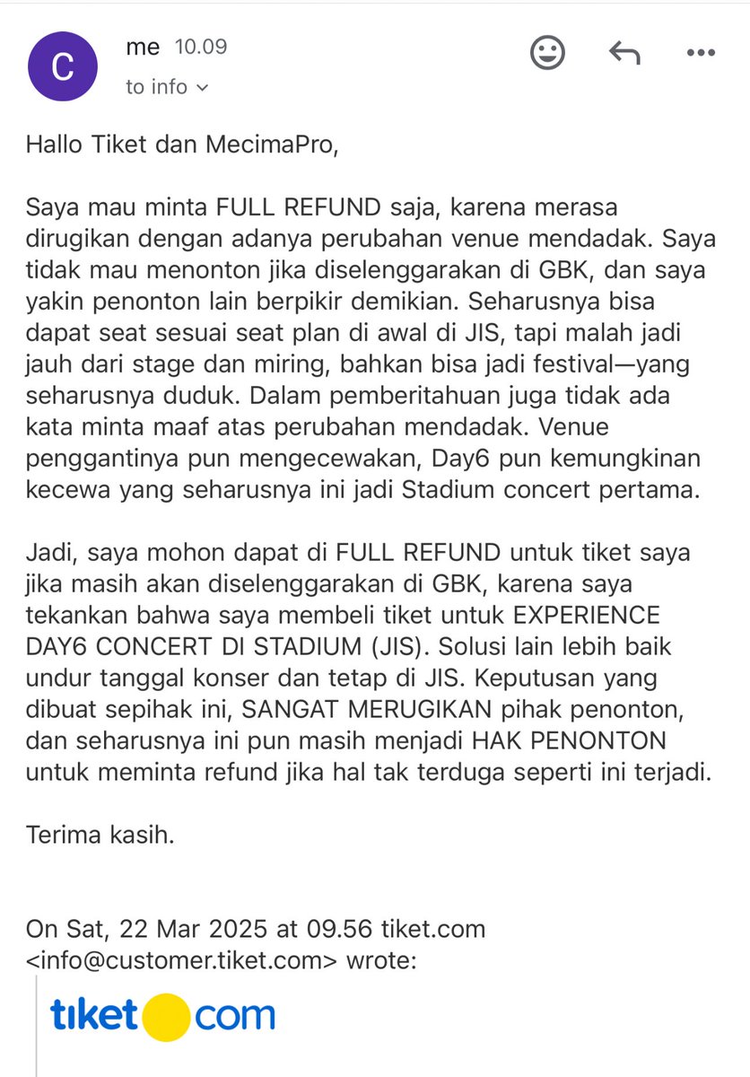 maungchiki's tweet photo. Dia bilang itu upgrade seat? Jelas-jelas downgrade, MALAH DOWNGRADE VENUE mana gatau harus bayar lebih lagi atau ga. 

Ga jelas bangettttt ni promotor 

#DAY6_FOREVER_YOUNG_JAKARTA_2025
@mecimapro @tiket 

@ecommurz TOLONG RAMEIN MURZZZ, venue dari JIS ke GBK amit amittttttt 😤 https://t.co/Tc5deR3aVm
