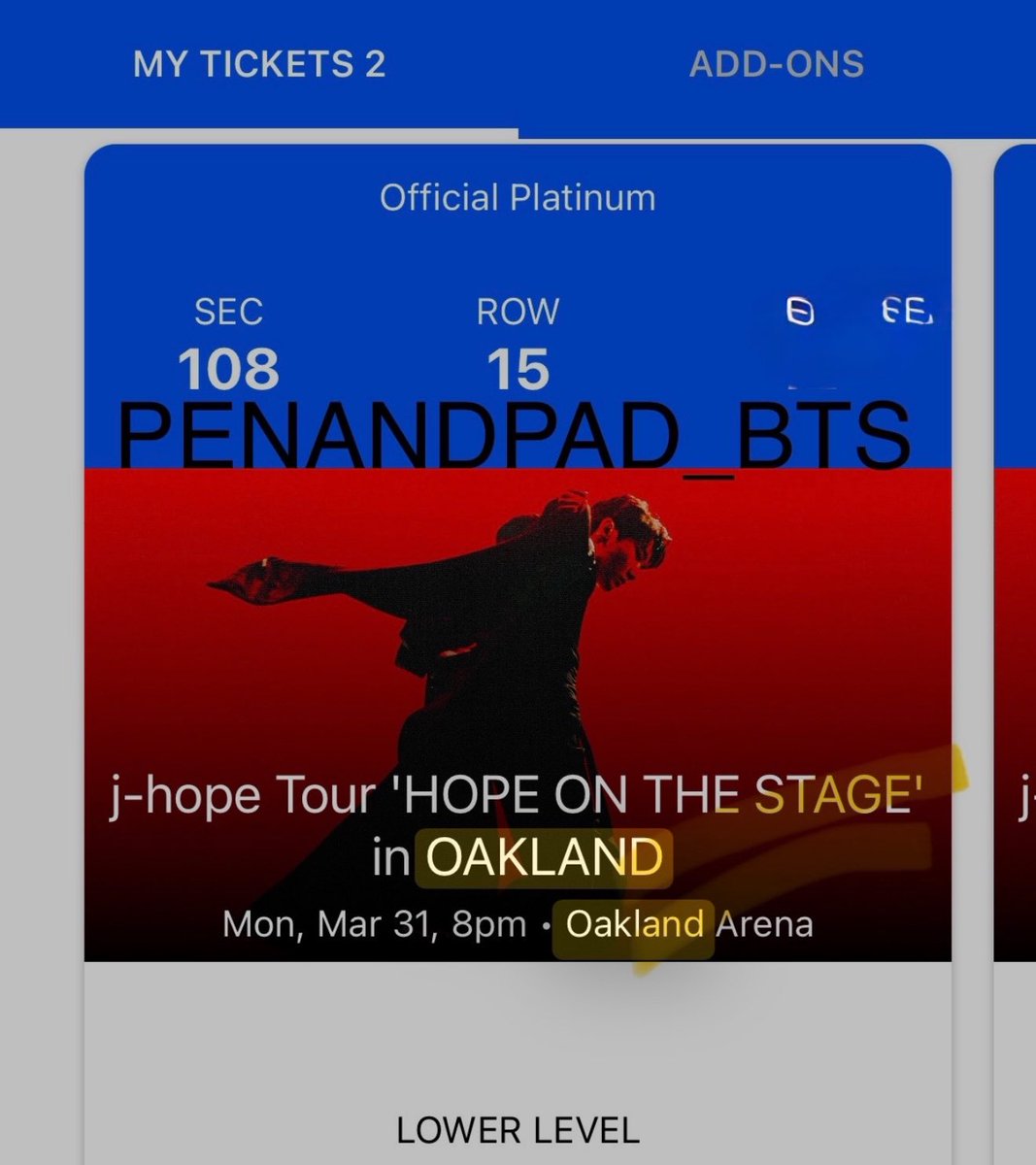 sock_blocker's tweet photo. HOBI IN OAKLAND TIX FOR SALE!! Two tix (will split) Section 108, Row 15. Seats 12 &amp; 13 - $400 ea! DM @penandpad_bts for details and to purchase. :: cross posting to IG :: @JhopeGlobalFan @JhopeNews_ #HOPE_ON_THE_STAGE_TOUR_US #HOPE_ON_THE_STAGE_TOUR_US #hope_on_the_stage_oakland https://t.co/EkqeFqjDJh