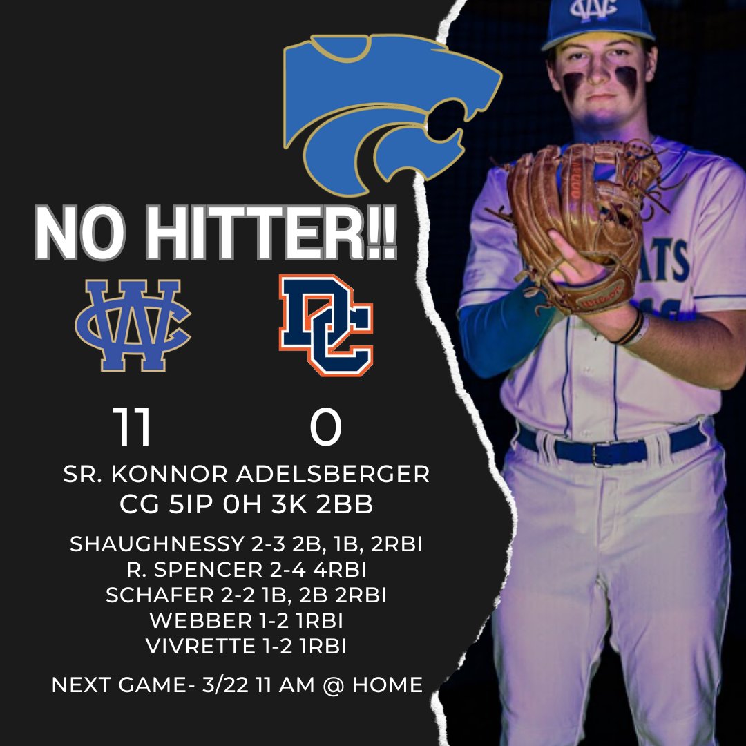 💥NO HITTER ALERT!!💥 Congrats to Senior RHP <a href="/konnor_berger19/">Konnor Adelsberger</a>  on his CG No Hitter tonight against Dickson County!! Defense made some outstanding plays behind him all night! Great team win! @wcsn16 <a href="/WilsonCentralHS/">WCHS</a> 
@luke_shaug <a href="/caden_webber/">Caden Webber</a>  <a href="/C_vivrette24/">Colton Vivrette</a>