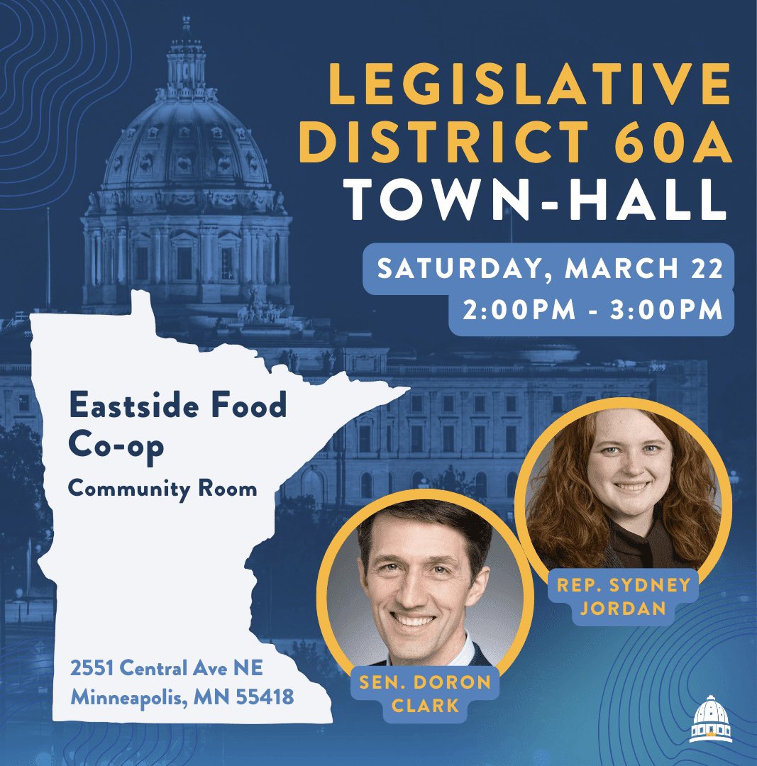 SenDoronClark's tweet image. See you at Saturday’s Town Hall with me and Rep. Sydney Jordan at Eastside Food Coop.
March 22 2-3PM
Eastside Food Coop
2551 Central Ave NE