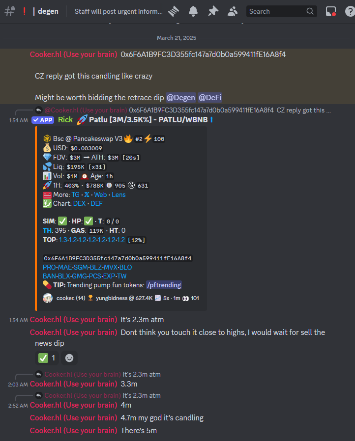 PastelAlpha's tweet photo. Twitter monitor in main chat✅
Members locked in 24/7✅
"Might be worth bidding the retrace"✅
Gratuitous profanity but admin censored himself for the kids✅
Redundantly pinged 2 roles✅
5 different colored roles in 1 screenshot, diversity!✅

$PATLU 627k > 3m > 6.6m (2x to 10x) https://t.co/Roxo3qAPXk