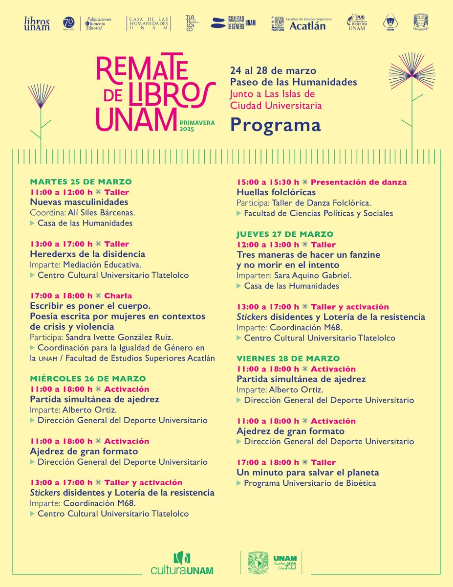 🔥 ¡#Talleres, #charlas y #activaciones en el #RematedeLibrosUNAM! 
🗓️ Te esperamos del 24 al 28 de marzo ,📍 en el Paseo de las Humanidades, #CU 📕
🤯 Descuentos del 25% y hasta el 80%
<a href="/CulturaUNAM/">CulturaUNAM</a> <a href="/ccutlatelolco/">CCU Tlatelolco</a> <a href="/IgualdadUnam/">UNAM Igualdad de Género</a> <a href="/FES_ACATLAN/">FES ACATLÁN - UNAM</a> <a href="/bioeticaunam/">Bioética UNAM</a> <a href="/DeporteUNAM/">Deporte UNAM</a> <a href="/UNAM_FCPyS/">FCPyS-UNAM</a>