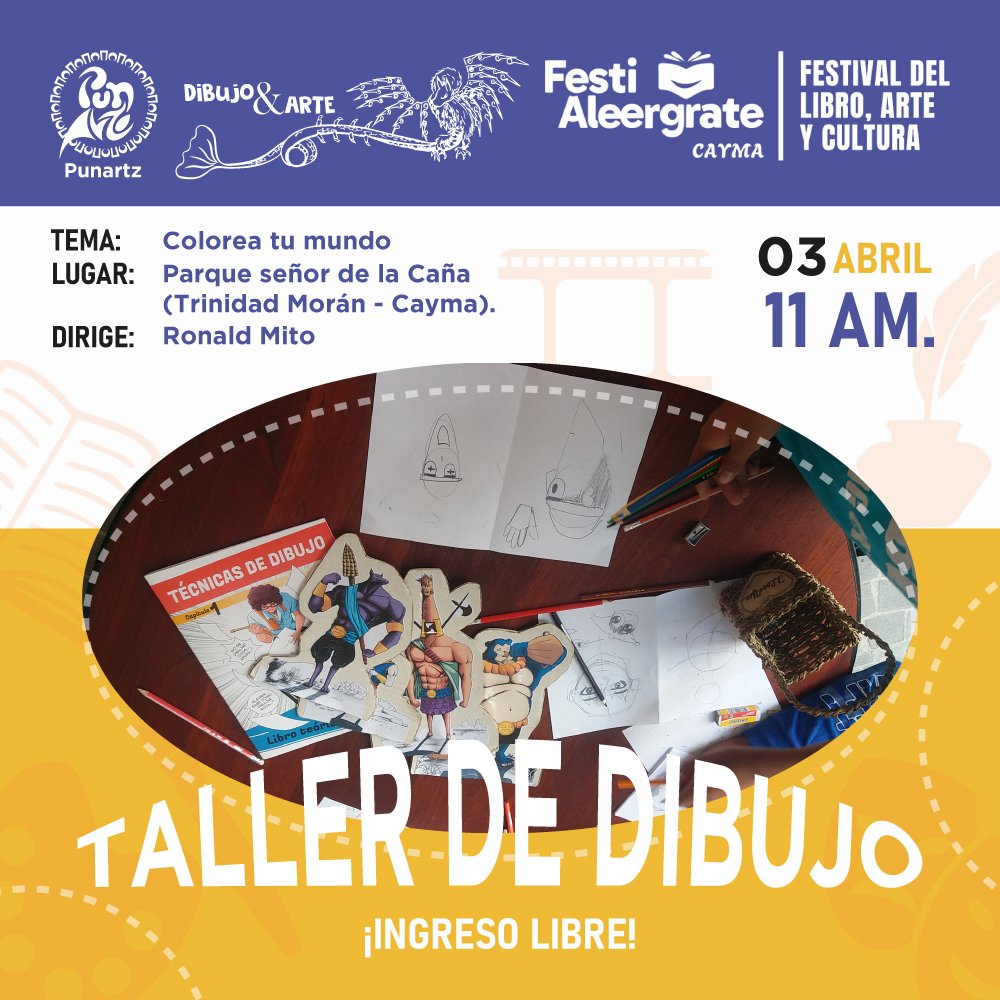 PUNartz's tweet photo. ¡Colorea tu mundo! 
Estaremos presentes en Festialeergrate con nuevas dinámicas, innovando el arte y la cultura. 
Habrá sorpresas de parte del autor Ronald Mito. 
.
Tema: Taller de dibujo 
 Lugar: Parque señor de la Caña (Trinidad Morán - Cayma). 
Fecha: 03 abril
Hora: 11 am https://t.co/4E7afM4HCM